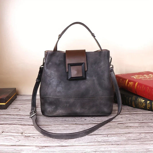 Vintage-style Solid Color Genuine Leather Crossbody Bag